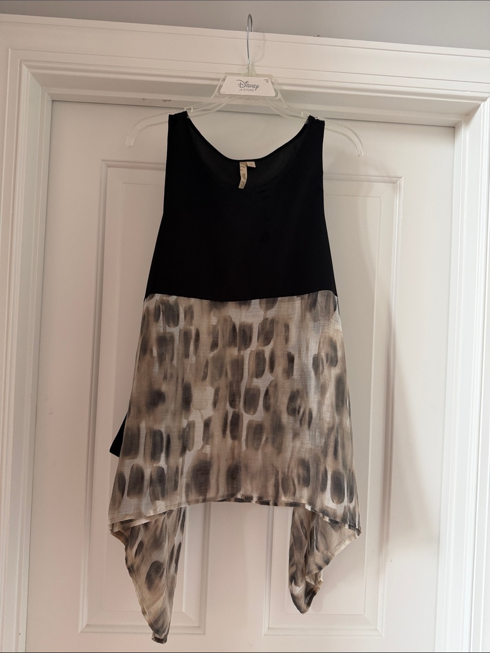Comfy Black and Taupe Print Handkerchief Hem Tank Top